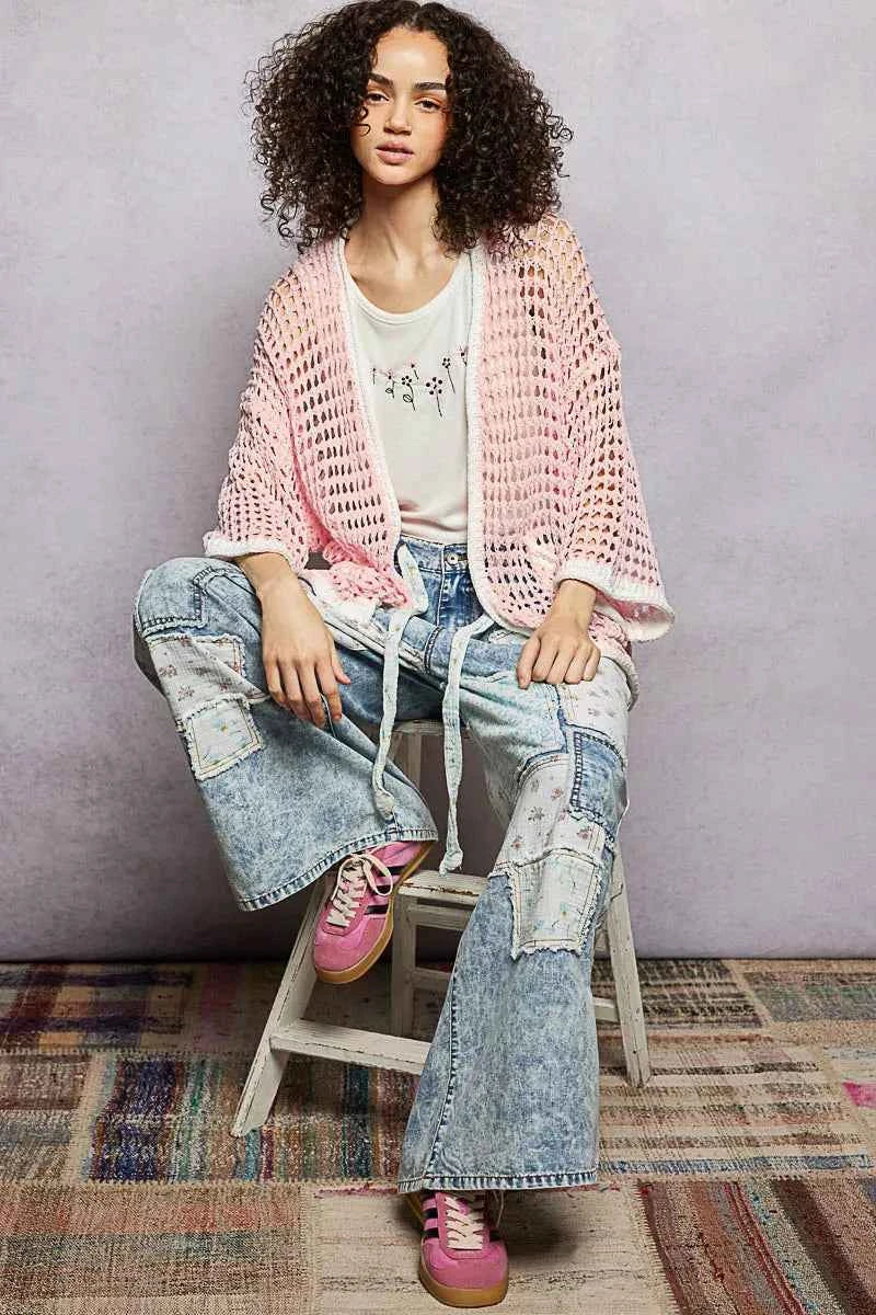 POL Open Front Openwork Cardigan with Contrast Trim