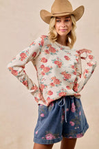 BiBi Womens Knit Top Floral Print Washed Waffle Thermal Blouse c3fa9bf7fb5d4fa9abe2d776f36c9e07-Max-Origin Trendsi