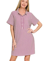 Zenana Stripe Collared Half Button Up T-Shirt Dress