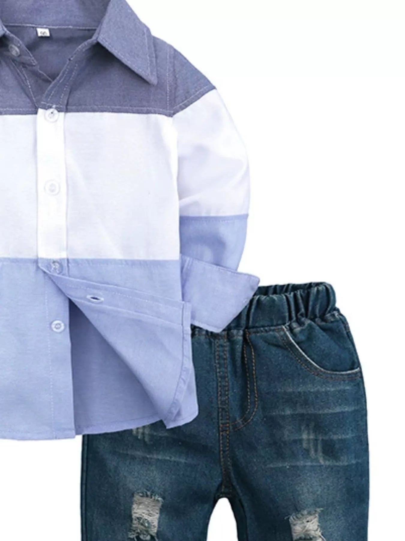 Boy's Children's Set Color Block Shirt & Ripped Jeans 2 Pcs