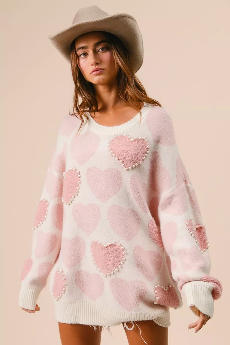 BiBi Womens Sweater Light Pink Heart Pattern with Pearl Detail c41f9a9f756d4df390efecd42fa012f4-Max-Origin Trendsi