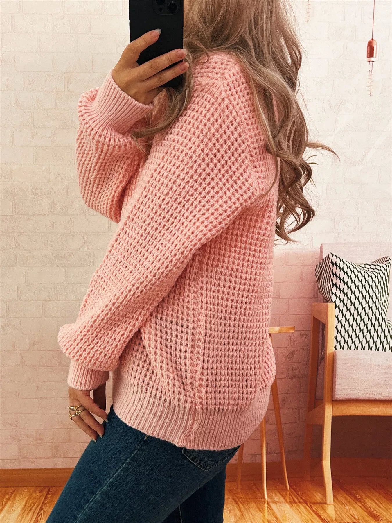 Women's Sweater V-Neck Textured Knit Loose Pullover c4216733bf044221a5b4d72a63fb18b7-Max-Origin Trendsi