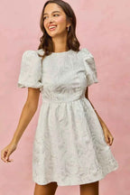 SO ME Jacquard Mini Dress White Floral Bubble Shorts Sleeves c425b95f4f5a4d39850e02918a91c863-Max-Origin Trendsi