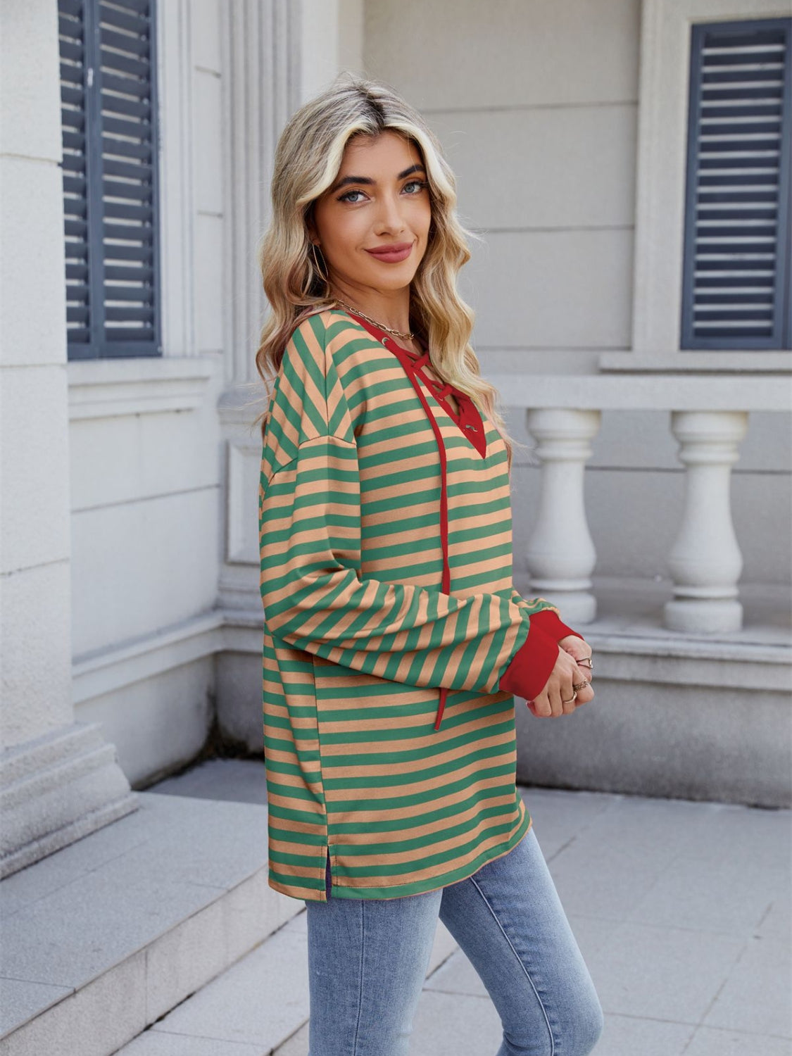 Striped T-Shirt Lace-Up Crisscross V Neck Long Sleeve Blouse Top c4311e2b-d7a1-4578-82f6-a35f013390a1-Max Trendsi