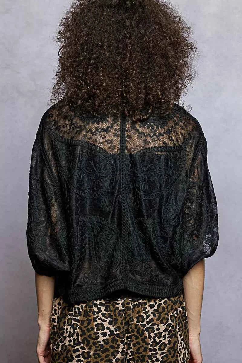 POL Open Front Crochet Cardigan with Floral Embroidery