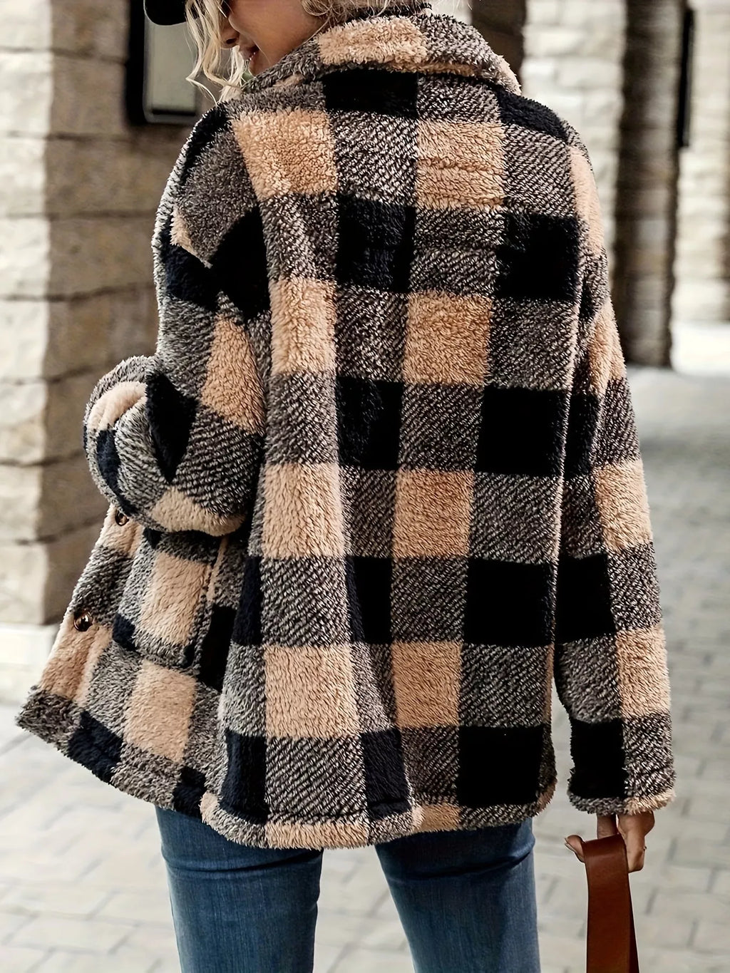 Womens Jacket Plaid Sherpa Button-Down Outerwear Coat c453f433823d4ed491a91a3d1094fffb-Max-Origin Trendsi