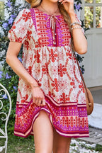 Boho Mini Dress Hot Pink Floral Short Sleeve Tie Neck c45b962d-d3b5-4a68-ad37-30da167514bf-Max-Origin Trendsi