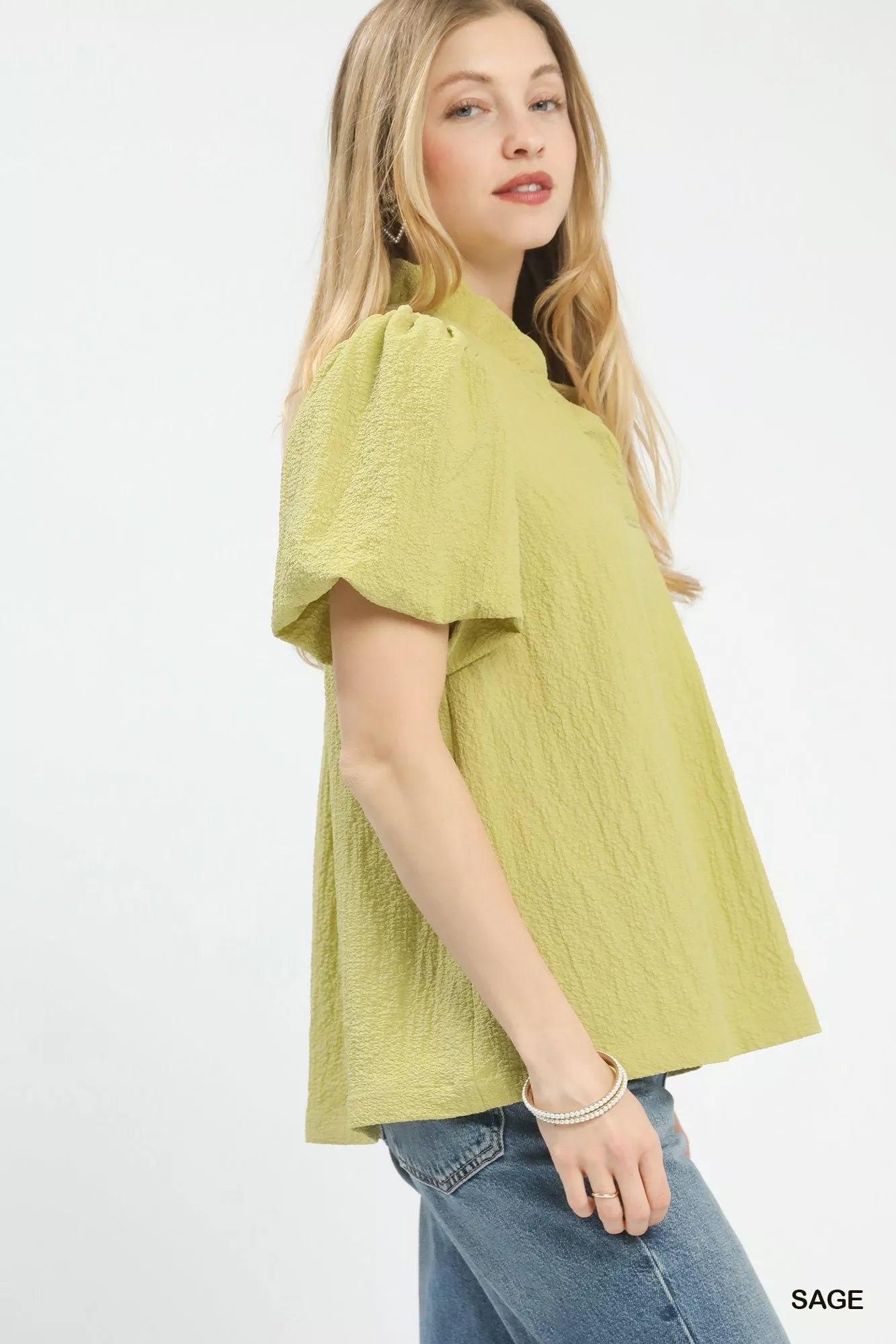 Umgee Blouse Sage Green Seersucker Puff Sleeve Short Sleeve Top c463213f-7a98-4be8-ad8f-ee474992e3af-Max-Origin Trendsi