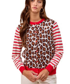 BiBi Leopard With Stripe Combo Buttoned Cardigan