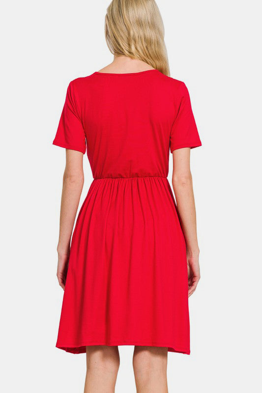 Zenana Mini Dress Surplice Short Sleeve Brushed DTY Red V Neck Pocketed c46a0a29-4b53-45a2-9669-19df75772909-Max Trendsi