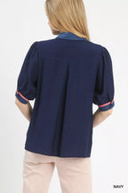 Umgee Blouse Navy Blue Embroidered Puff Sleeve Contrast Trim Top c46f8ee9-dba7-4a7c-91b1-019657b38b30-Max-Origin Trendsi