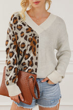 Women Sweater Half Leopard V Neck Long Sleeve Soft Knit Pullover c488aa4c64194669951c077666151794-Max Trendsi