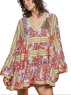POL Striped Floral Long Sleeve Mini Dress with Pintuck Details
