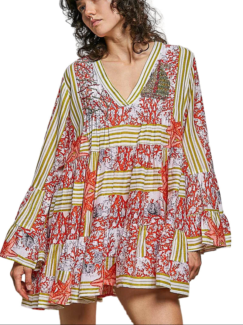 POL Striped Floral Long Sleeve Mini Dress with Pintuck Details