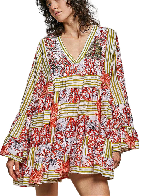 POL Striped Floral Long Sleeve Mini Dress with Pintuck Details