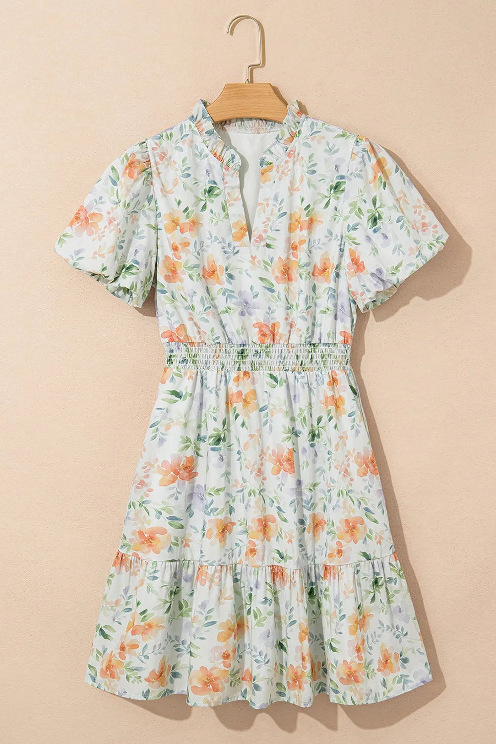 Floral Mini Dress Cotton Frill Notched Puff Short Sleeve Hight Waisted c48e3829-96f4-44cc-9e88-6d0abbc98fd0-Max-Origin Trendsi