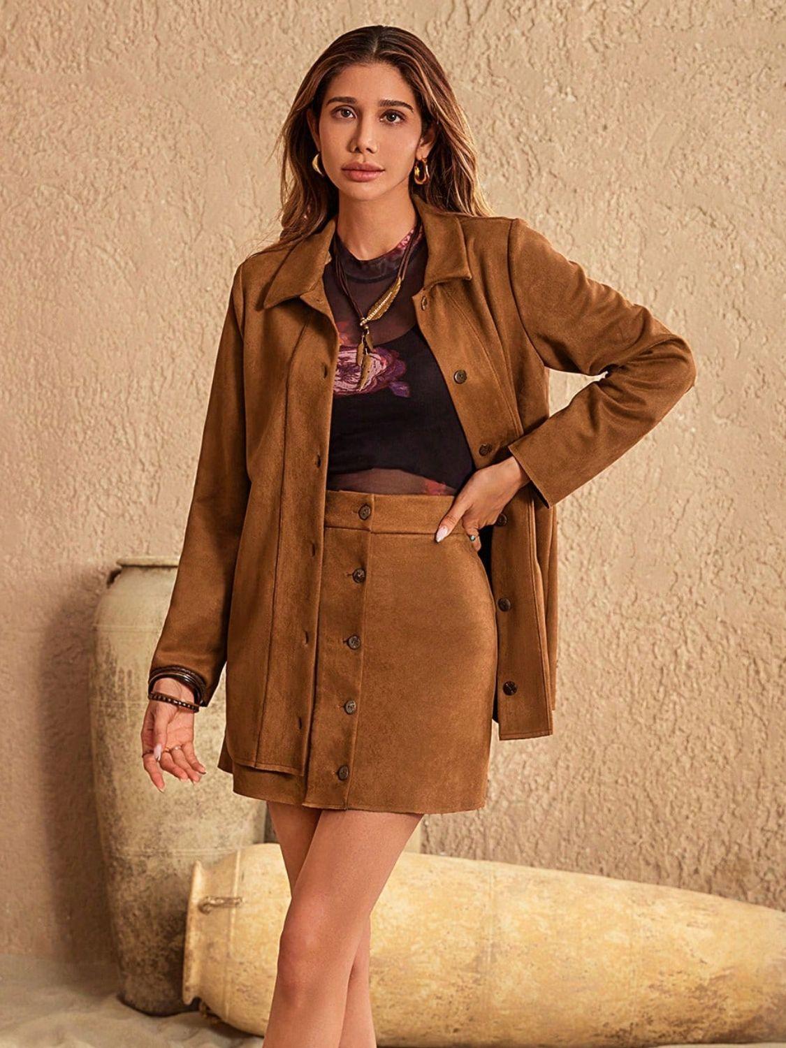 Outfit Set Women Jacket and Skirt Button Up Collared Neck Two-piece Set