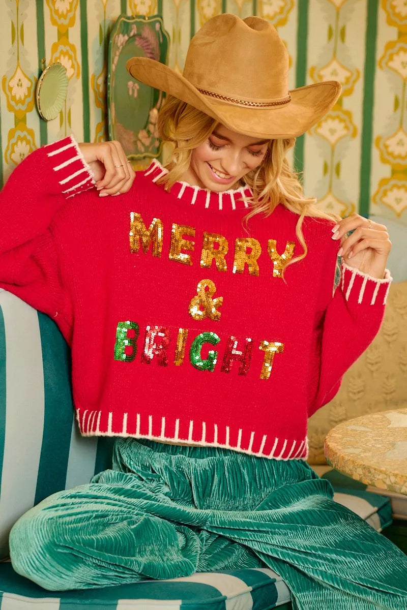 BiBi Christmas Theme Sweater Sequin Lattering Womens Red Knit Pullover c498786a40284f6f9f776aba8b89d2bc-Max-Origin Trendsi