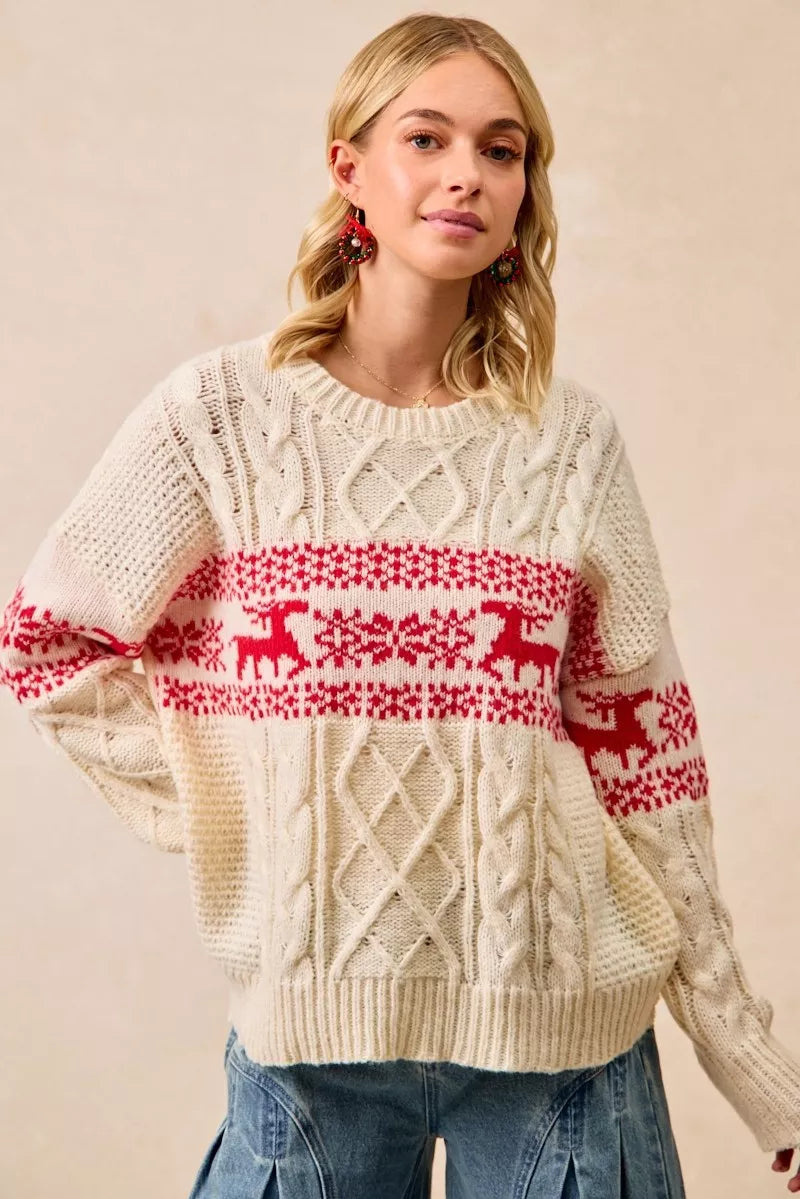 BiBi Christmas Womens Sweater Ivory Red Cable Knit Knit Pullover c49b04ebce2f40079a6115f3a13e6305-Max-Origin Trendsi