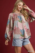 Umgee Women's Blouse Boho Feather Print Brown Mix Peasant Long Sleeve Top c4a29a48-7d4e-407d-9652-fad36c2baa34-Max-Origin Trendsi