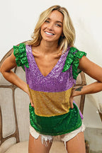 BiBi Womens Blouse Mardi Gras Sequin Color Block Ruffled Top Short Sleeve c4b0d68507ed49f68614bdf85b5e22b8-Max-Origin Trendsi