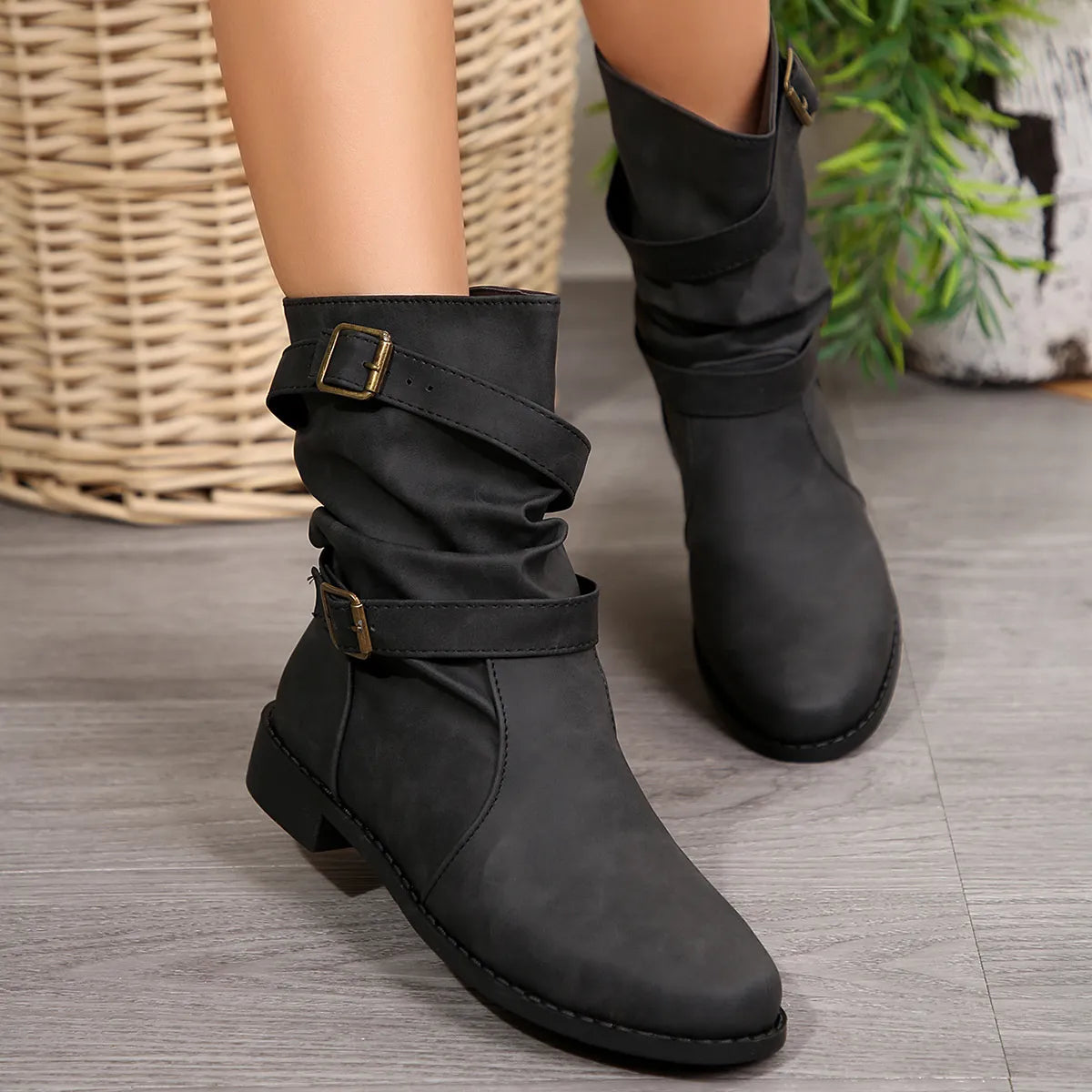 Women's Boots Mid-Calf Buckle Strap Pu Leather Low Heel Shoes Black c4be403f88ae4231b24987d6d921f9bd-Max-Origin Trendsi
