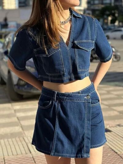 Women's Denim Set Crop Top Johnny Collar Short Sleeve and Mini Skort 2 Pcs Dark Blue c4c179b2-e17d-41ed-a31d-9c7ffd62e1b1-Min Trendsi