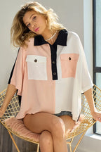 BiBi Top Pink Color Block Quarter Neck Short Dolman Sleeve Front Pockets c4c7a9e439304894a072ef2c6e04074d-Max-Origin Trendsi