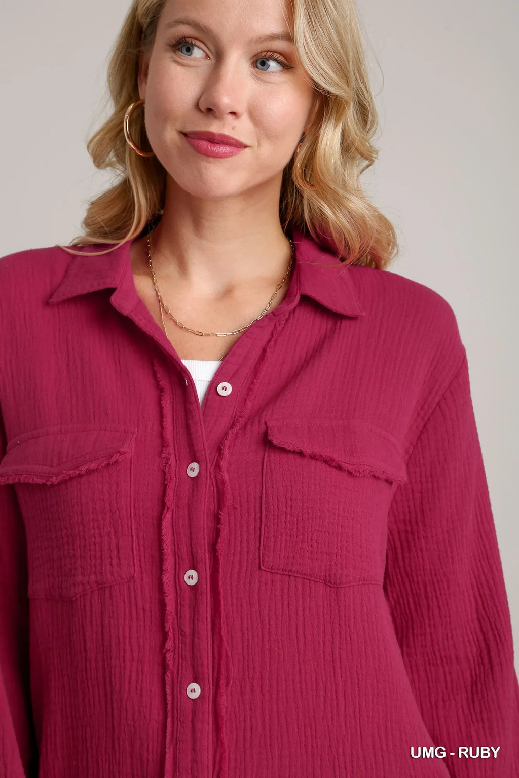 Umgee Shirt Dress Cotton Gauze Button Up Ruby Red Oversized Long Sleeve c4c7d477-bae1-48f1-b3fe-8bcead61db57-Max-Origin Trendsi