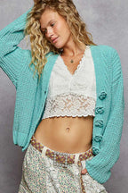 POL Cardigan Knit Aqua V-Neck Long Sleeve with Exaggerated Flower Buttons Aqua c4cd0df2-5af1-4b9f-8f02-8545adbf9268-Max-Origin Trendsi