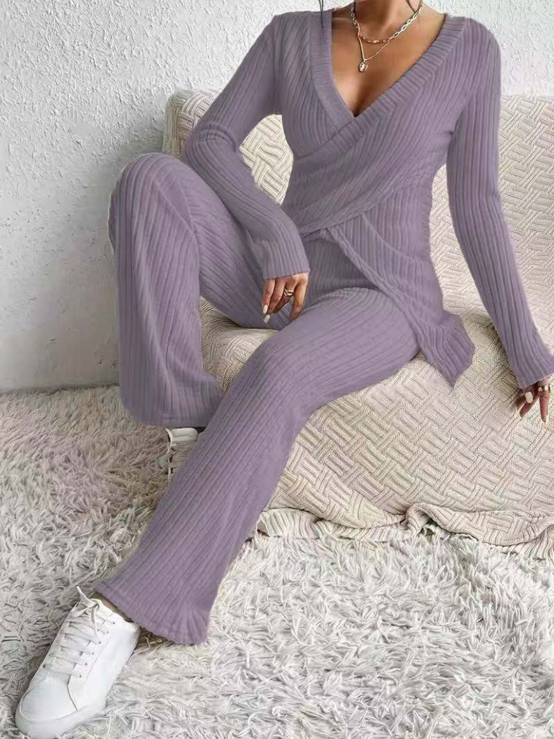 Women's Outfit Set Crisscross Surplice Top Long Sleeve and Pants Sets c4cd31a1-904e-4bce-9dd8-9599c0e65ea1-Max Trendsi