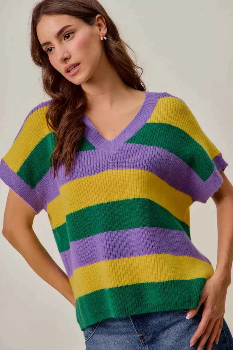 SO ME Women Sweater Purple Mix Mardi Gras Loose Fit V Neck Stripe Top c4ceb93936c64a73a5157b934e3f71c5-Max-Origin Trendsi