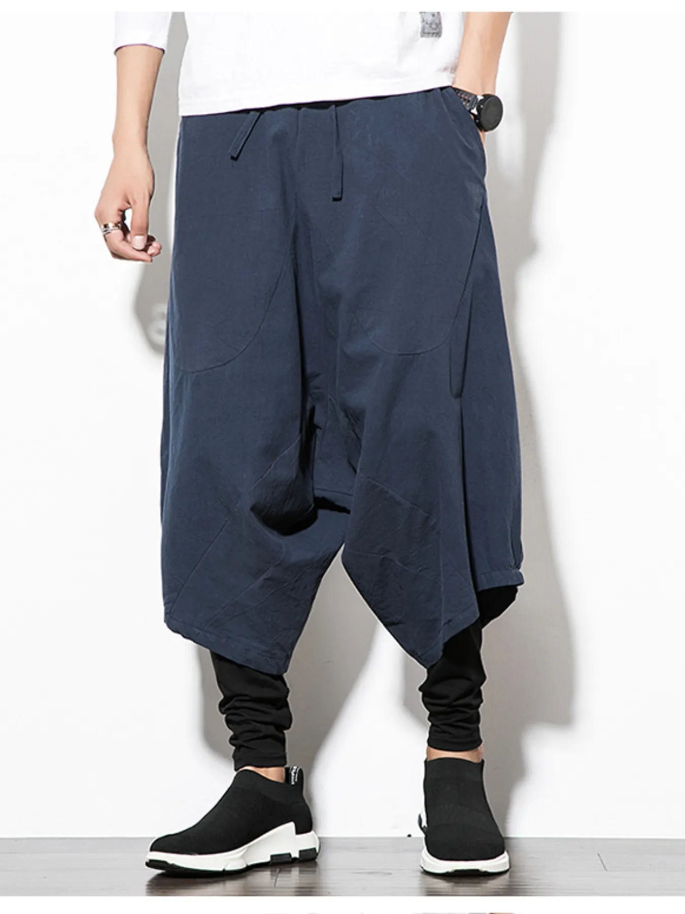 Men's Wide Leg Pants Drop Crotch with Drawstring Wasit Casual Oversized Navy c4de914498a4440b80ada35d9cab937a-Max-Origin Trendsi