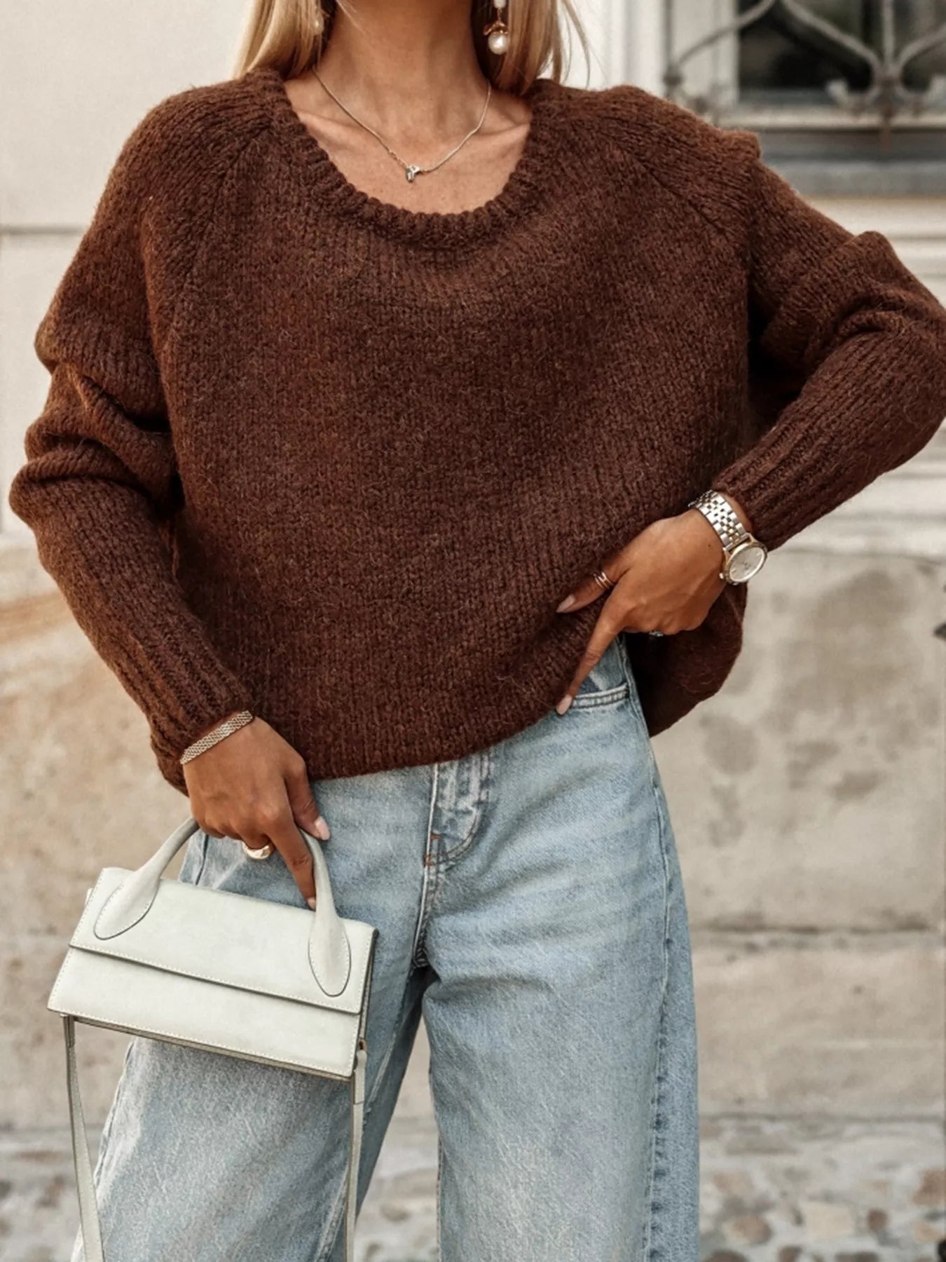 Women's Sweater Brown Knit Round Neck Drop Shoulder Oversized Pullover Brown c4df1298-3fed-4a48-9b9d-5886bd6fc98e-Max-Origin Trendsi