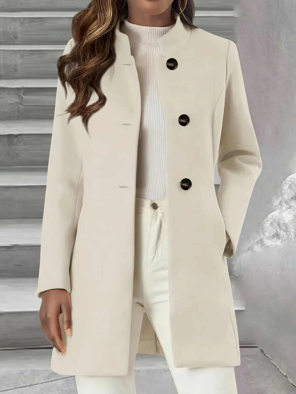 Women's Coat Cream Single-Breasted Stand Collar with Pockets Cream c4e077a03b0f4aa09001bfdbe63e9ce7-Max-Origin Trendsi