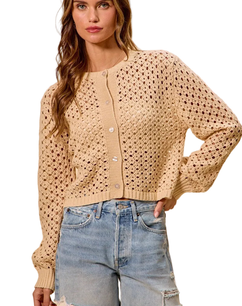SO ME Open-Knit Button-Down Cardigan Sweater Top