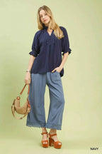 Umgee Linen Blouse Navy Blue Scalloped Ruffle Neck Top c4f150b8-3cad-4cff-b899-178ad94fe9f6-Max-Origin Trendsi