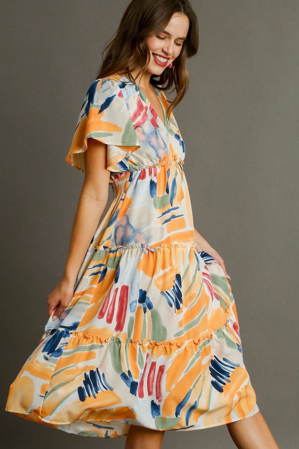 Umgee Midi Dress Abstract Colorful Print Flutter Short Sleeve Frill Tiered