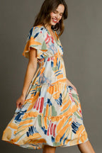 Umgee Midi Dress Abstract Colorful Print Flutter Short Sleeve Frill Tiered c4f65222-ff61-498f-934b-631ef92fd236-Max Trendsi