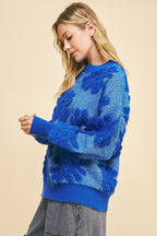 Flower Texture Sweater Blue Davi & Dani USA Round Neck Long Sleeve Pullover c50002f0-3a1c-43e6-9e9f-98adbfa3b01d-Max Trendsi
