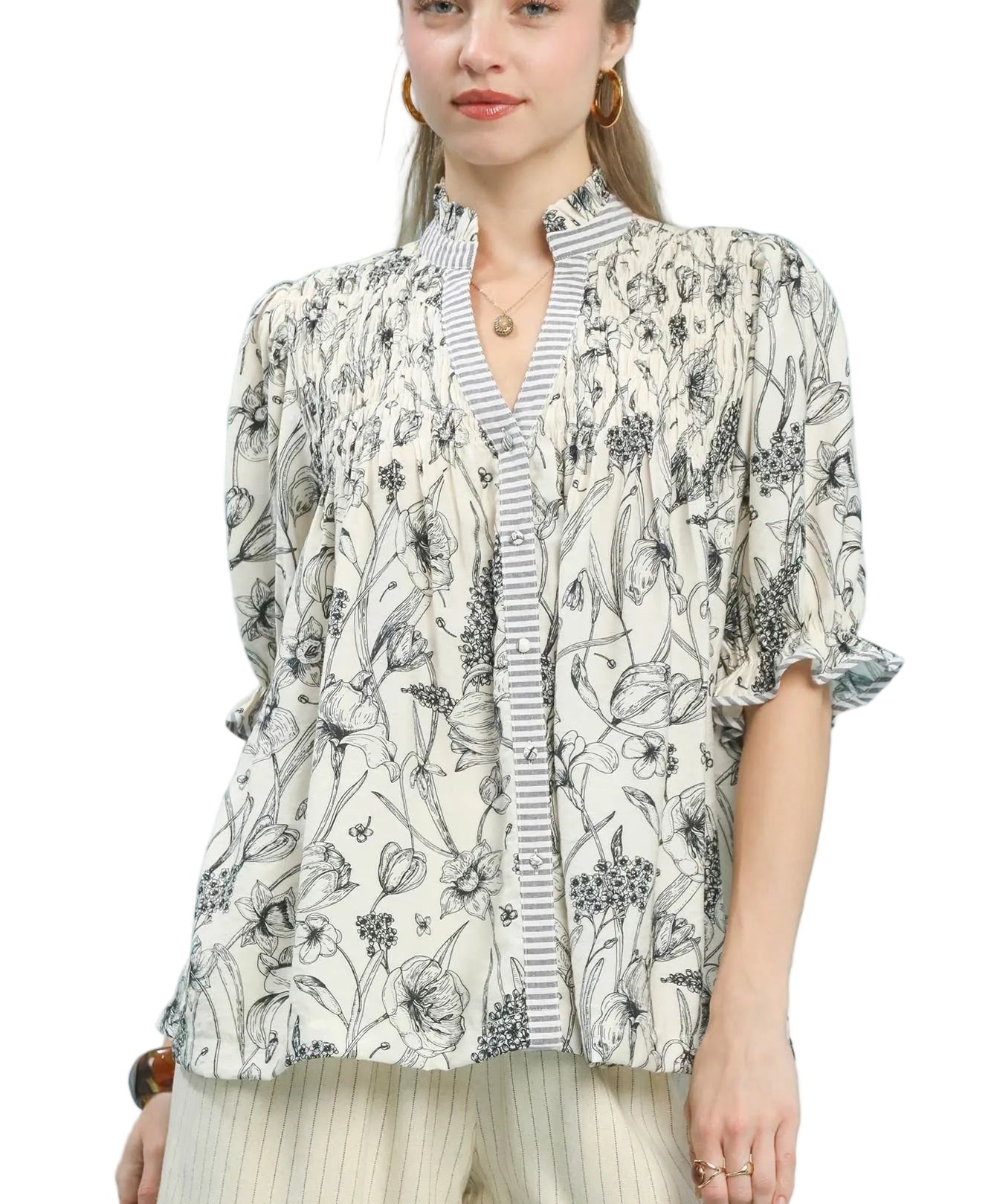 Umgee Mixed Print Button-Front Top with Smocked Yoke and Puff Sleeves