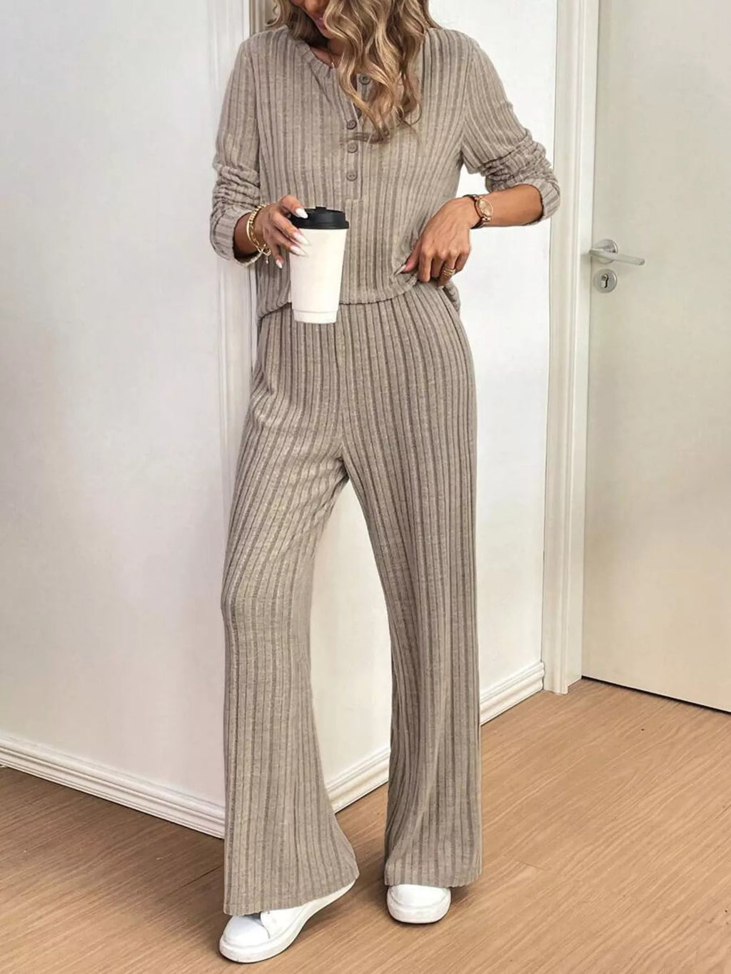 Women's Outfit Set Ribbed Button Detail Long Sleeve Top and Pants Set 2 Pcs c50bf014014d4b92ad90e840c15f61ad-Max-Origin Trendsi
