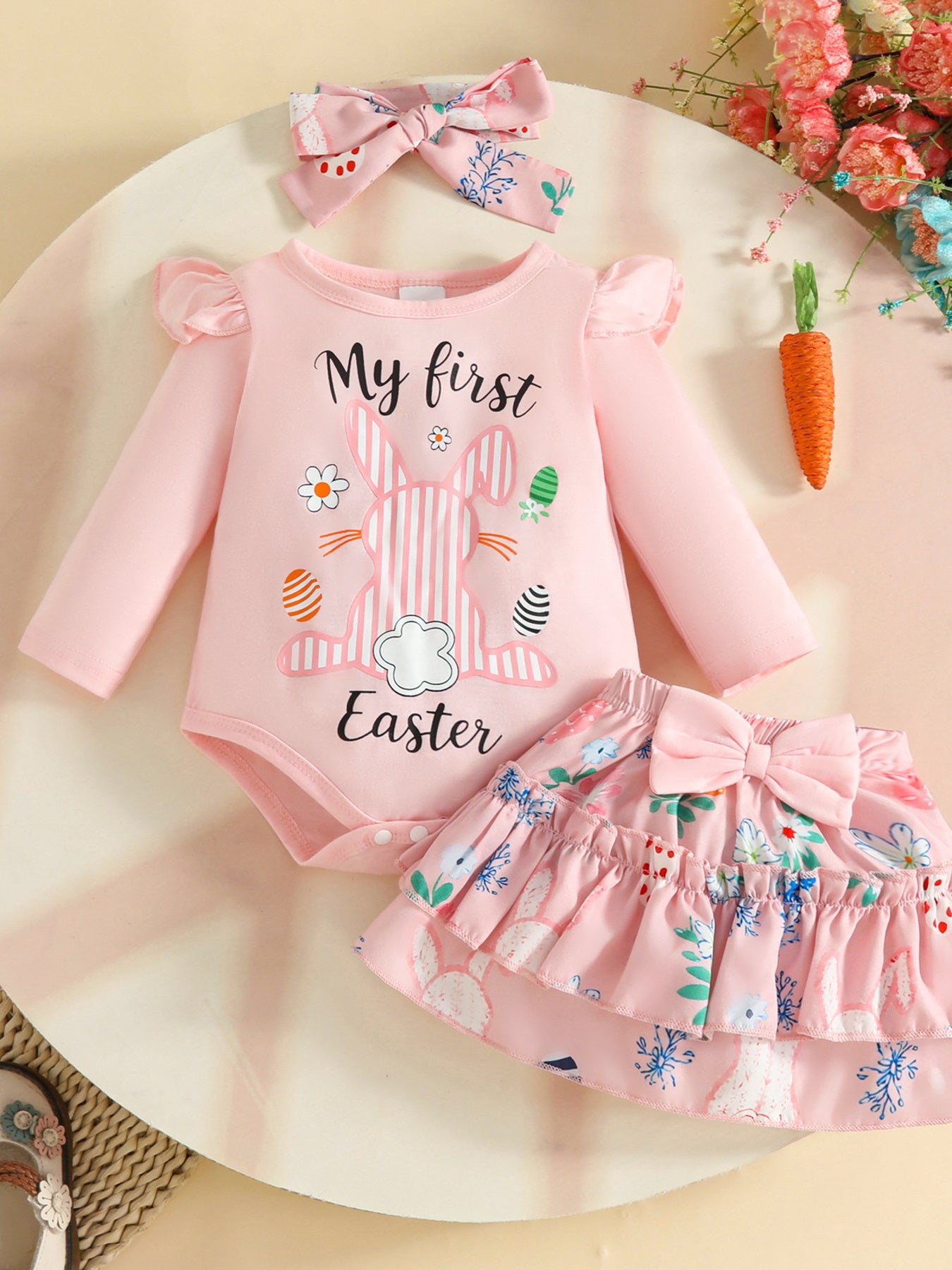 Children's Easter Bunny Long Sleeve Bodysuit and Pants Set with Headband