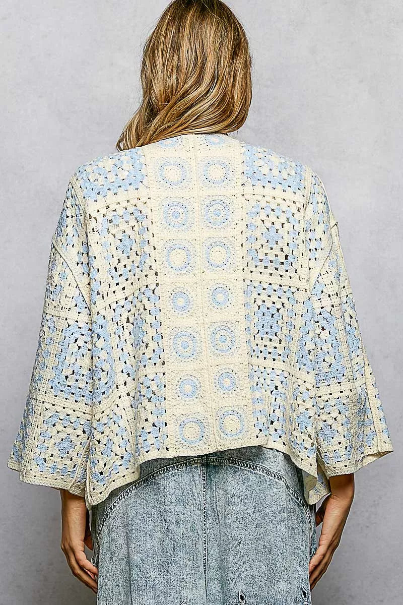 POL Crochet Cardigan Sky Blue Open Front with Granny Square Pattern c50f924a-1d75-4931-92ea-5fdef123d017-Max-Origin Trendsi