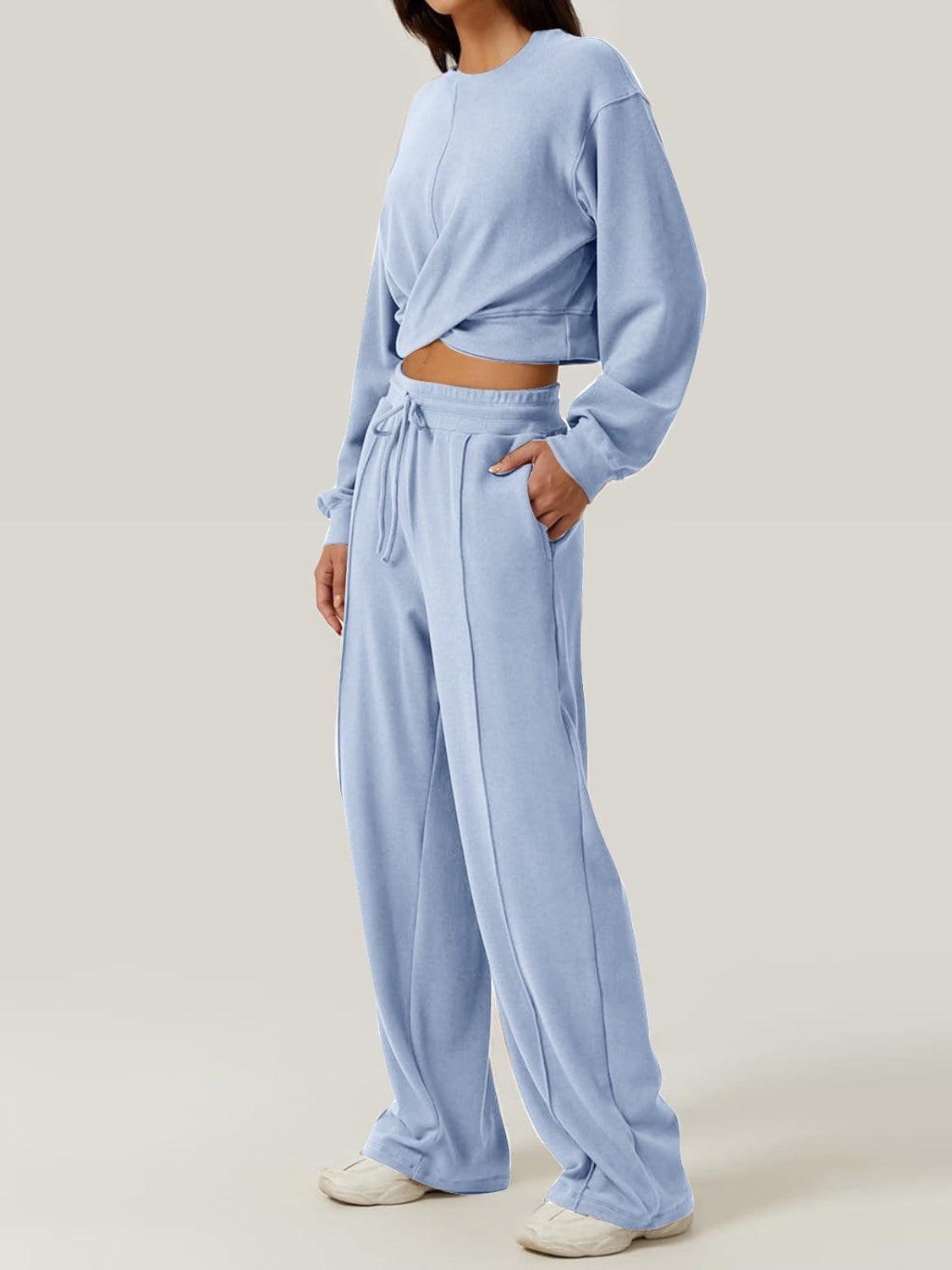 Outfit Set Crisscross Twist Round Neck Top and Drawstring Pants Set Light Blue c510d4dc-3a0d-4c07-bb76-9e99b1d134c0-Max Trendsi
