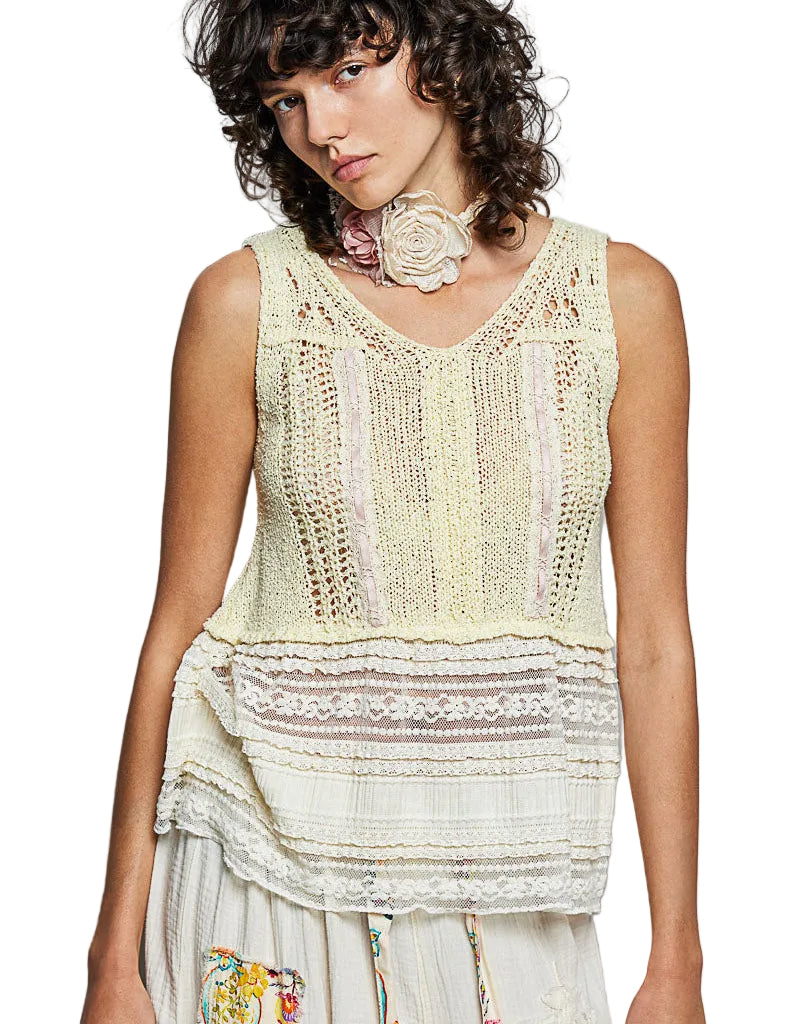 POL V-Neck Crochet Sweater Vest with Lace Trim