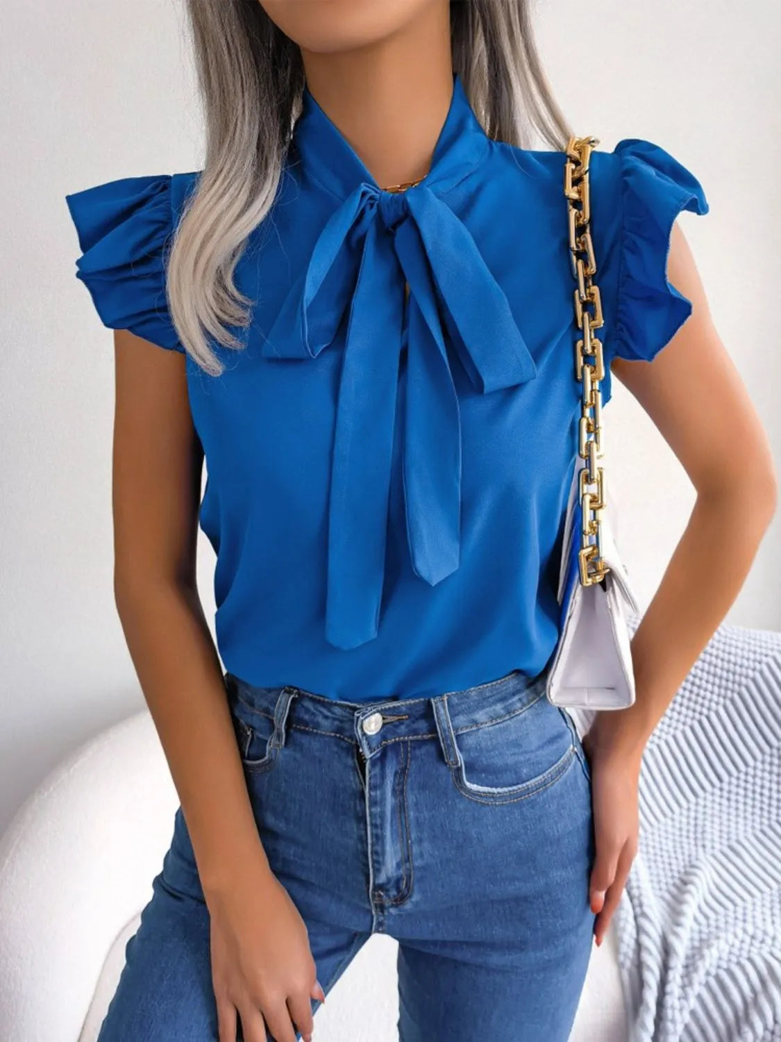 Women's Blouse Bow Tie Neck Ruffle Cap Short Sleeve Top c51aa7f8-e086-4211-a1ab-1159997b3415-Max-Origin Trendsi