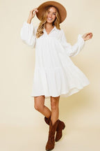 Ces Femme White Mini Dress Cotton Johnny Collar Balloon Long Sleeve c52ddf51-2d0c-4086-a7fa-40621605b939-Min Trendsi