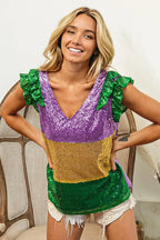 BiBi Womens Blouse Mardi Gras Sequin Color Block Ruffled Top Short Sleeve c5373228ede04df88270dfe17f616cf2-Max-Origin Trendsi