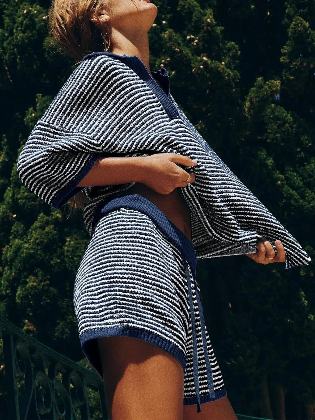 Sweater Set Women's Collared Neck Contrast Striped Top and Shorts 2 Pcs c5376730-126d-4e2f-b61b-6418a69518ca-Max-Origin Trendsi